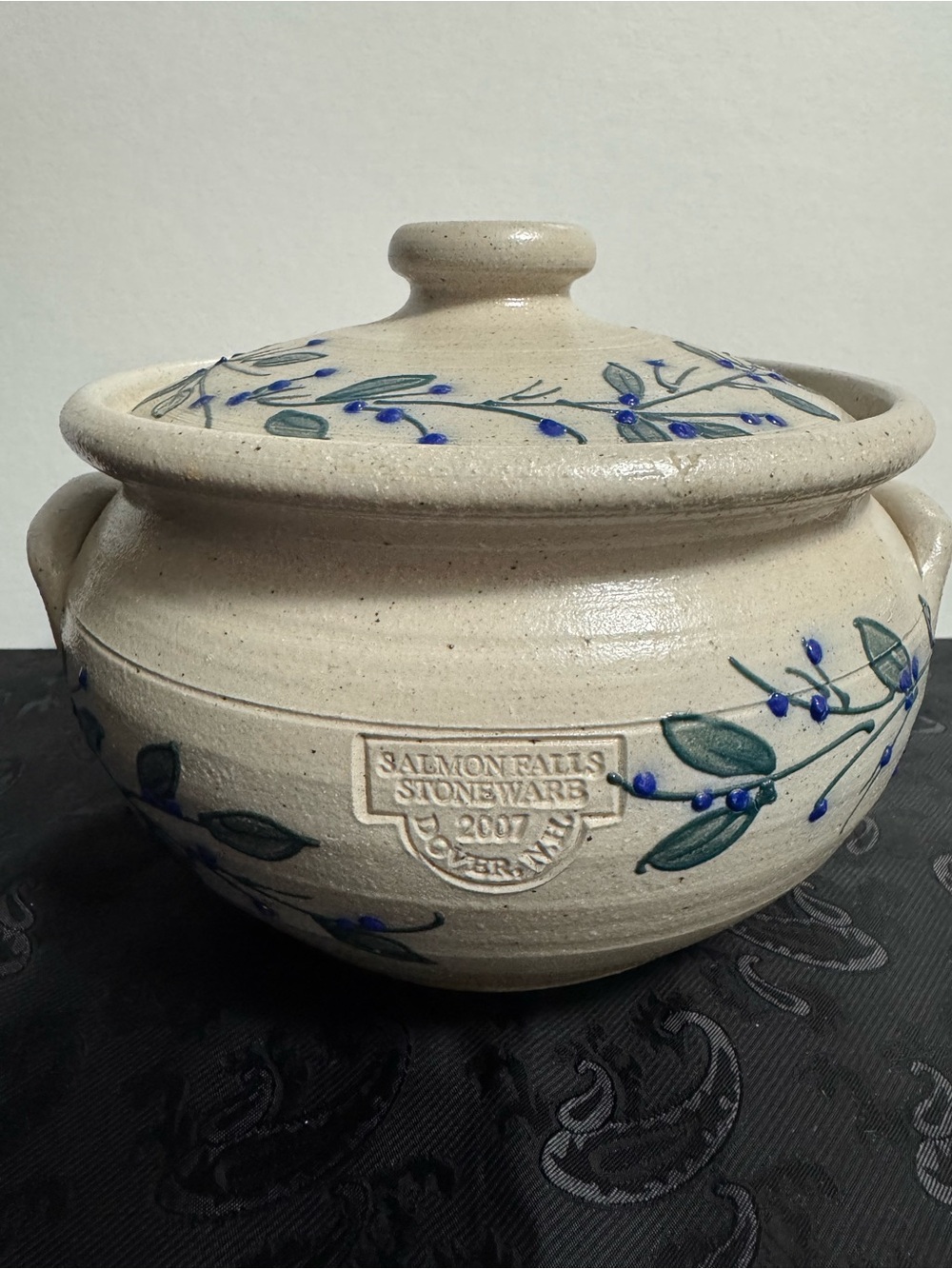 Salmon Falls Stoneware Beige Ceramic Lidded Pot w/ Blueberry/Green Vine Motif